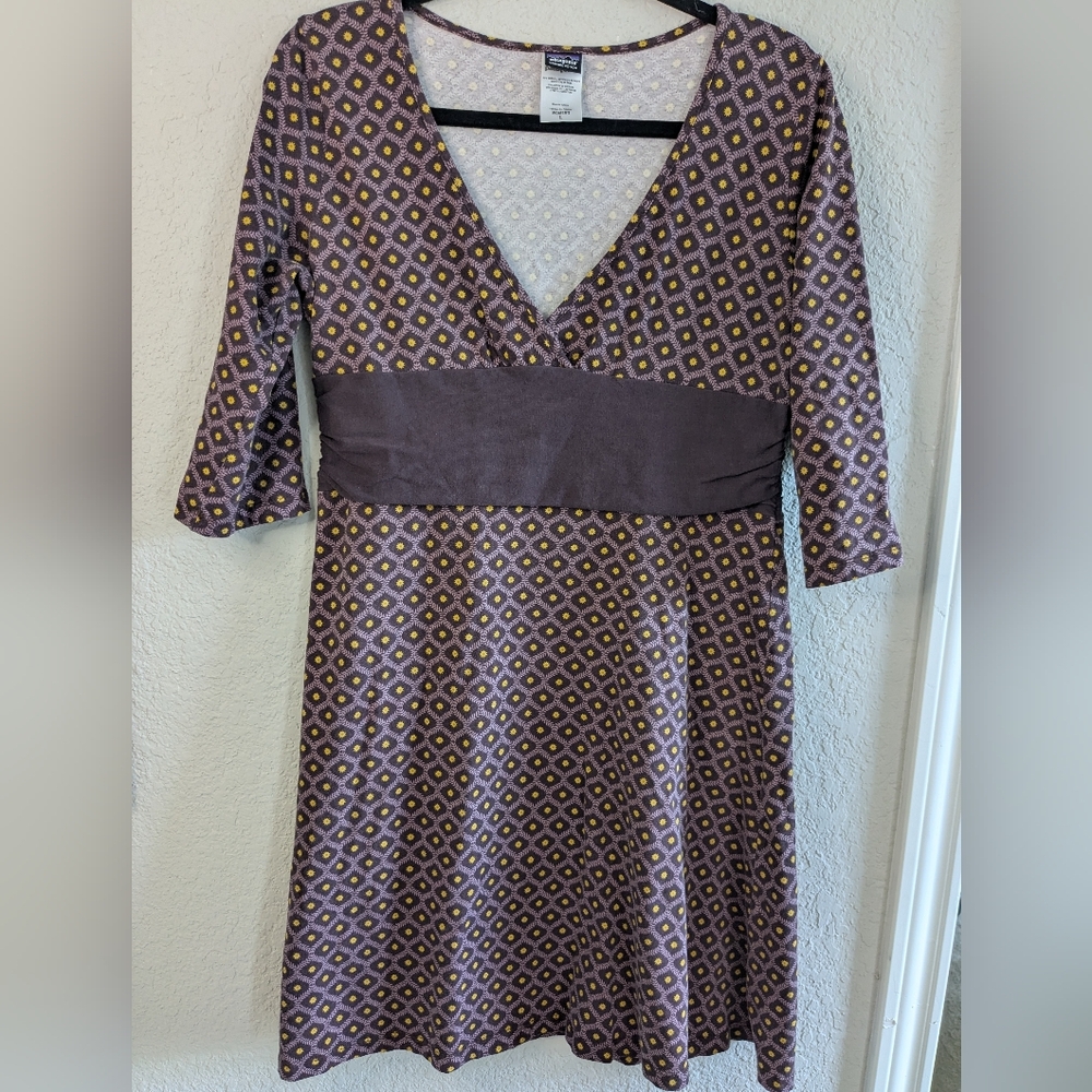 Patagonia Knit Dress L Organic Stretch Cotton 3/4 Sleeves Knee Length Purple